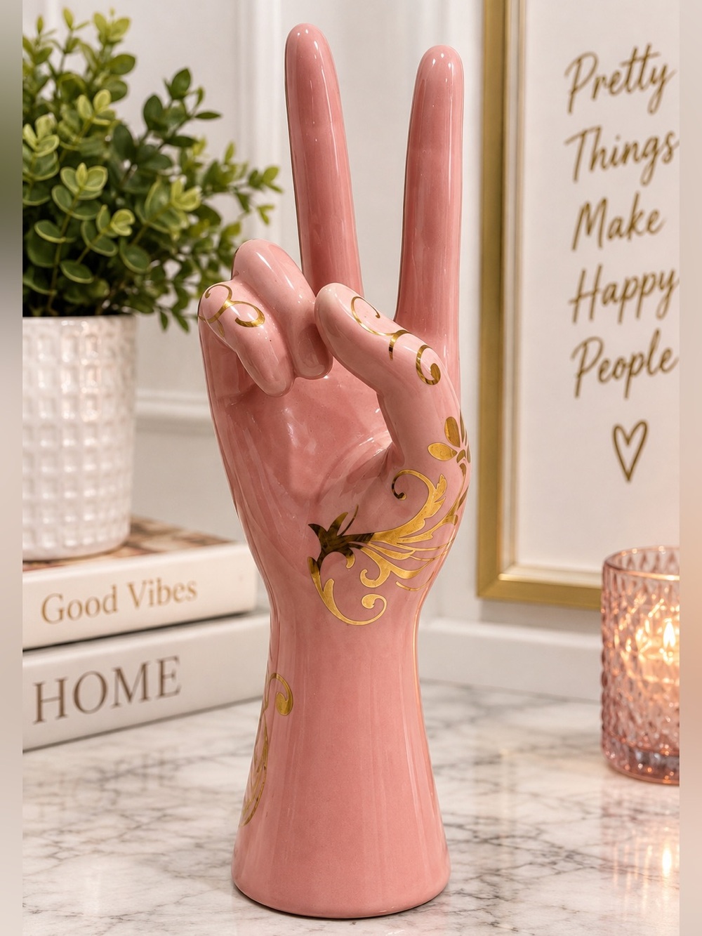 Pink Ceramic Peace Sign Hand Sculpture Gold Floral Jewelry Holder Boho Decor